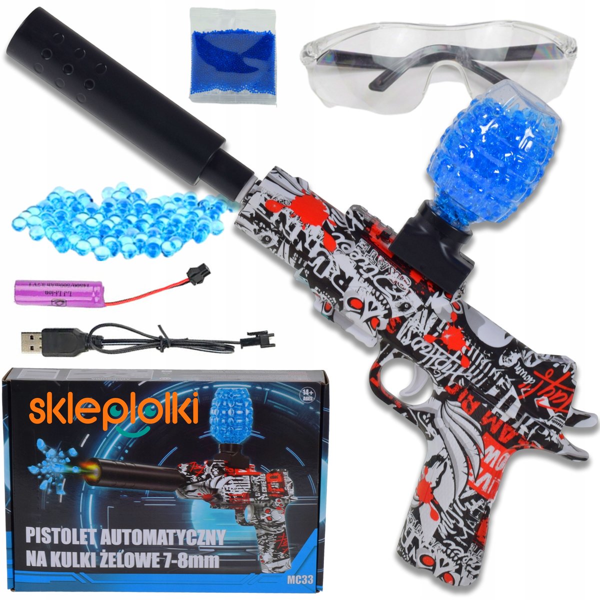 PISTOLET ELEKTRYCZNY AUTOMATYCZNY MASZYNOWY GLOCK TŁUMIK AKU KULKI ŻEL