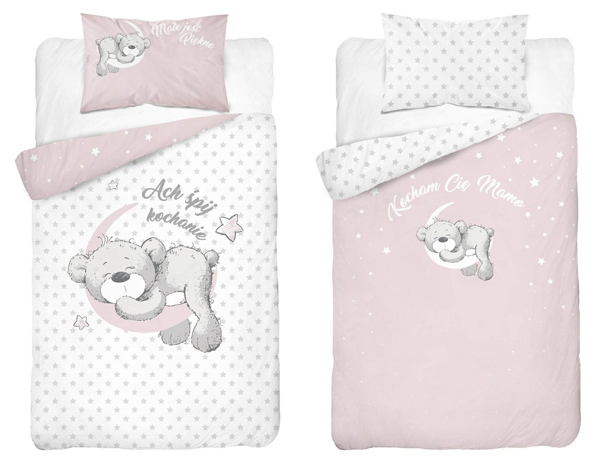 Pościel dziecięca dwustronna Miś na Księżycu różowo-biała – 90x120 cm – MAYAMOO