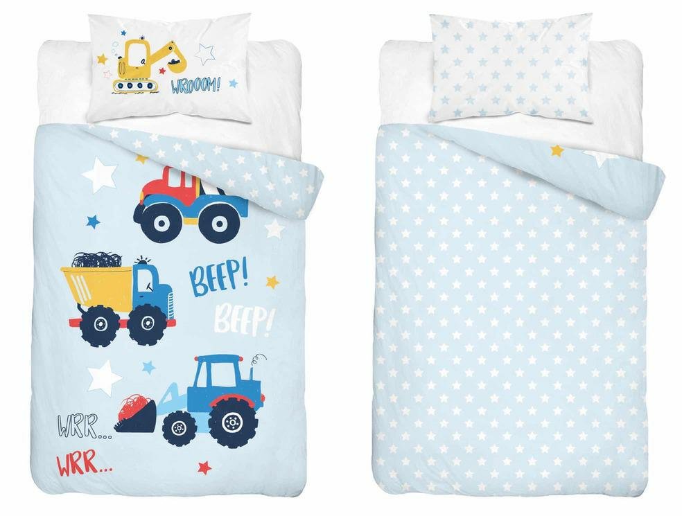 Pościel dziecięca dwustronna Auta Budowlane niebieska – 90x120 cm – MAYAMOO
