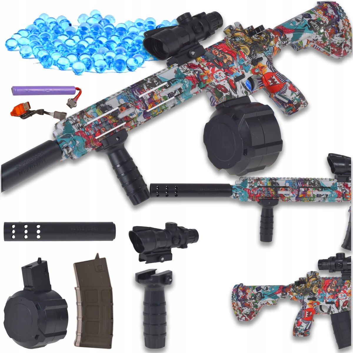 BEZPIECZNY DUŻY KARABIN AUTOMATYCZNY AKUMULATOR ZESTAW NA KULKI ŻELOWE