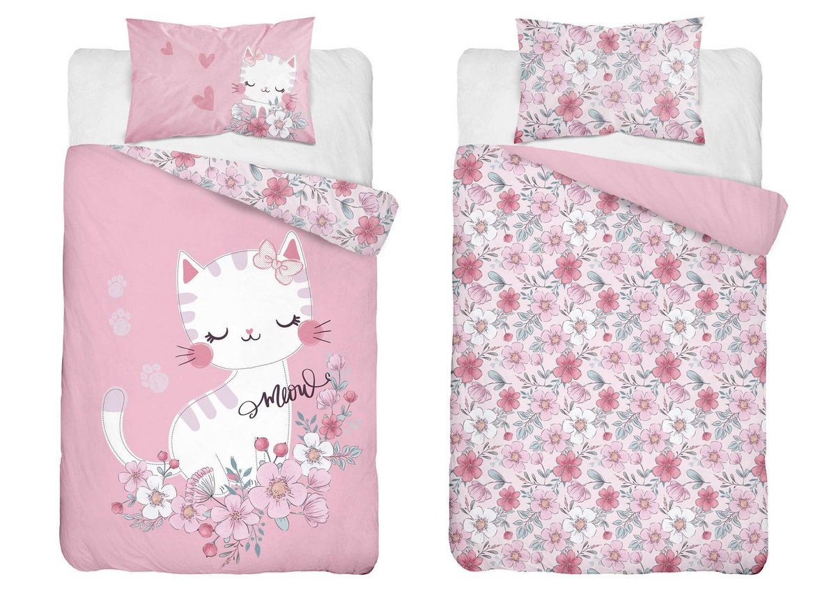 Pościel dziecięca dwustronna Kot w Kwiatach różowa – 90x120 cm – MAYAMOO