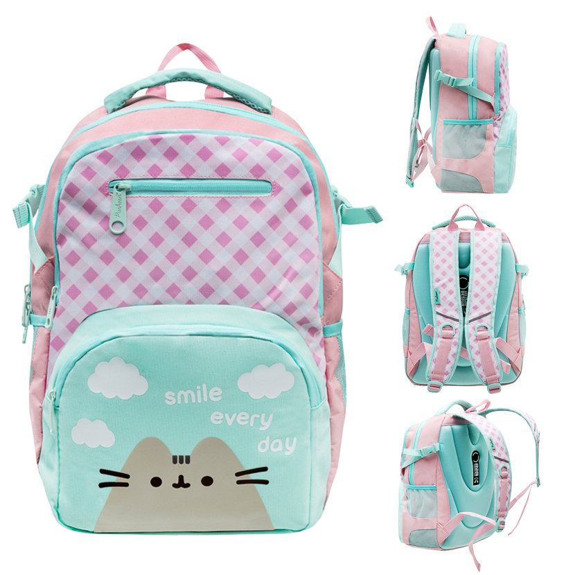 Plecak szkolny, Pusheen, dwukomorowy, romby, różowo - miętowy kot