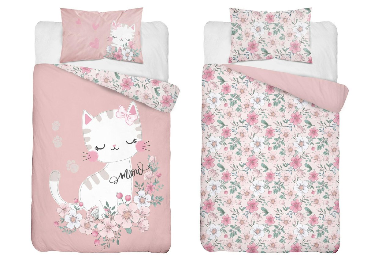 Pościel dziecięca dwustronna Kot w Kwiatach pudrowa – 90x120 cm – MAYAMOO