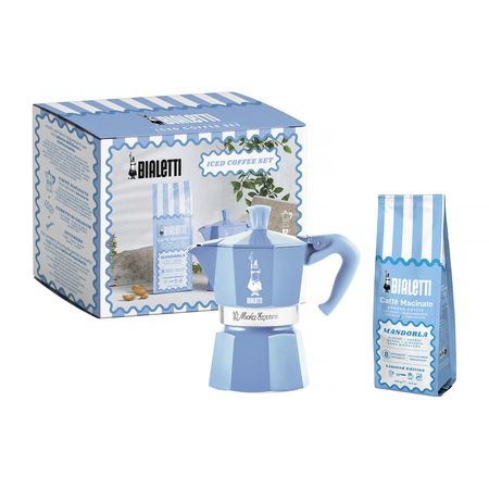 Zestaw Moka Express 3tz Błękitna 130 ml kawa mielona Perfetto Moka Mandorla