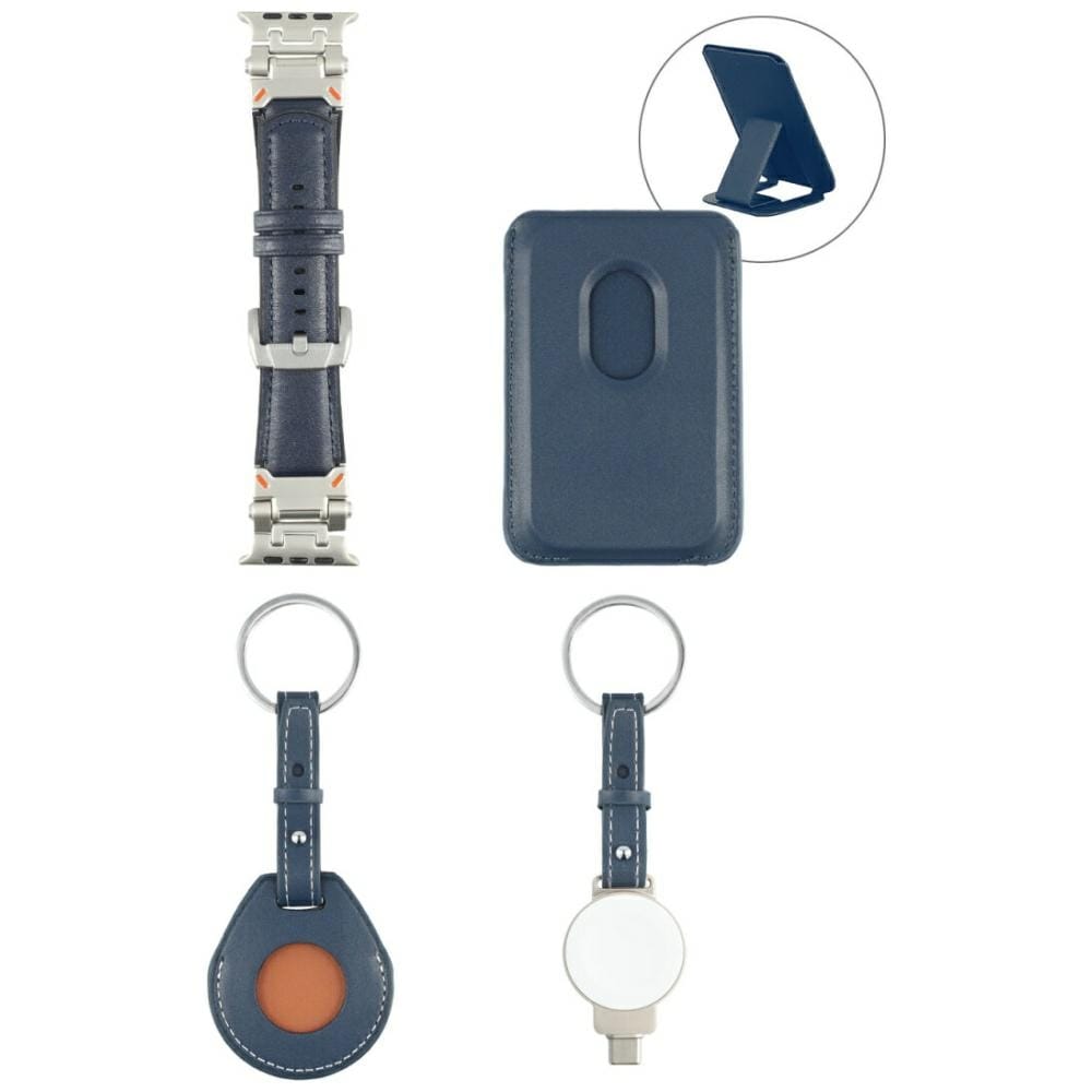 Zestaw akcesoriów 4w1 4smarts Style portfel MagSafe, ładowarka do Apple Watch, pasek do Apple Watch, etui na AirTag, niebieski