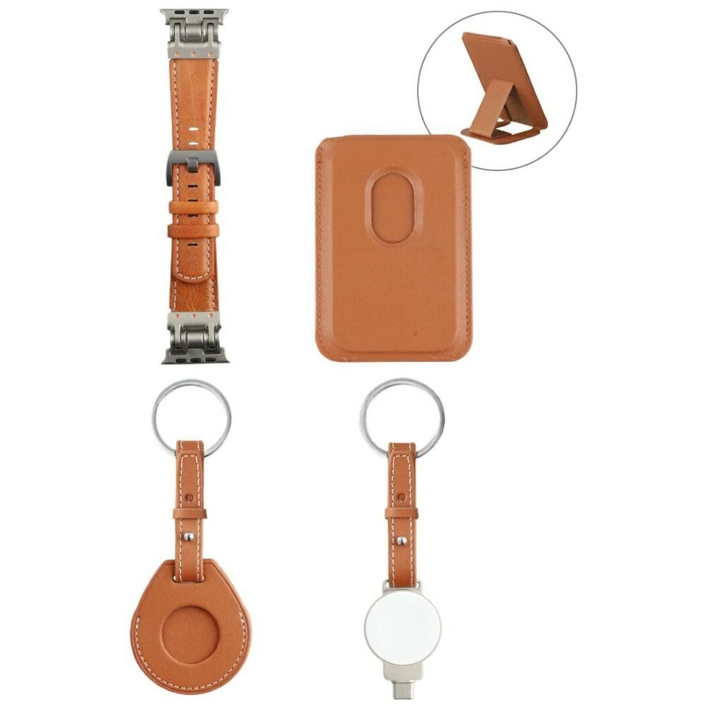 Zestaw akcesoriów 4w1 4smarts Style portfel MagSafe, ładowarka do Apple Watch, pasek do Apple Watch, etui na AirTag, brązowy