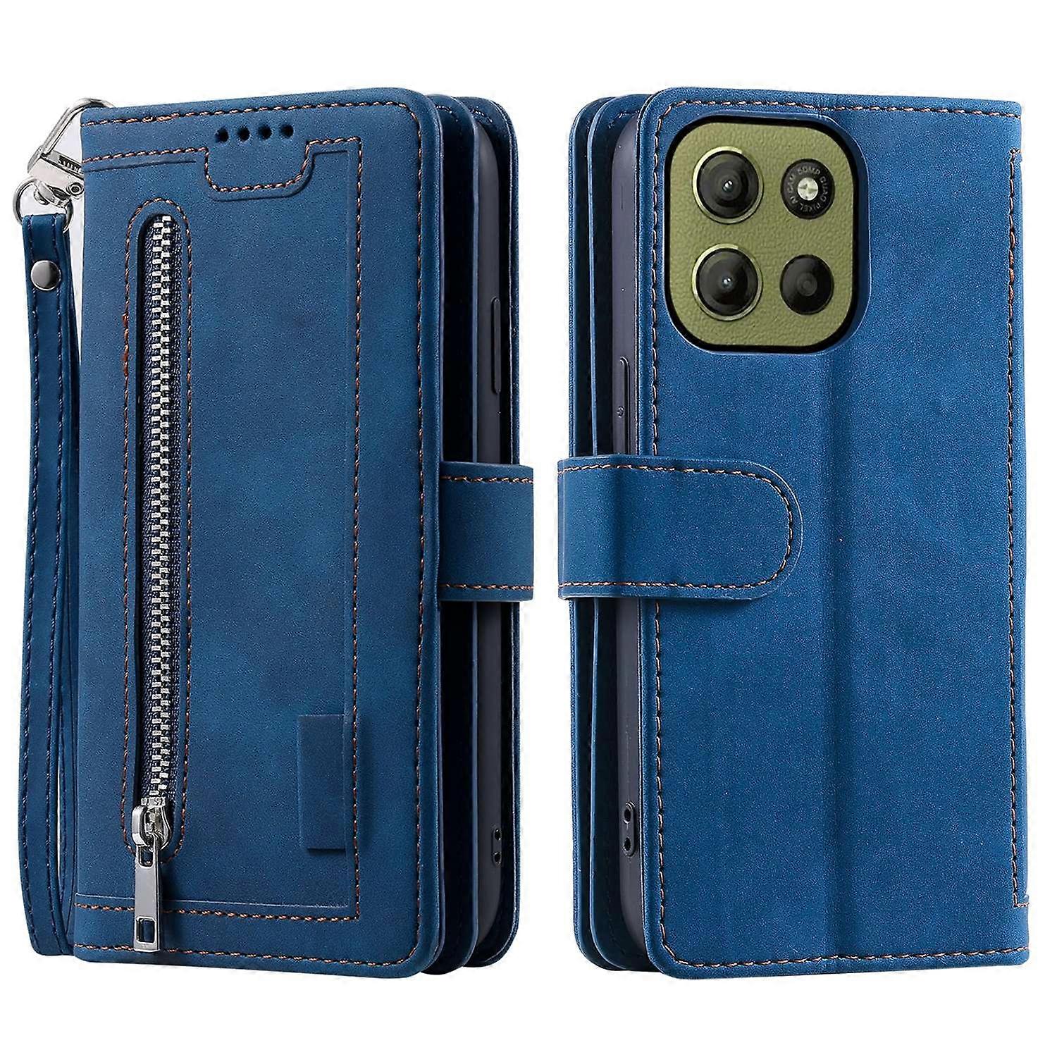 Dla Motorola Moto G15 4G Etui Pokrowiec na telefon ze skóry PU z portfelem na zamek błyskawiczny 9 miejsc na karty - niebieski Wielobarwny Blue