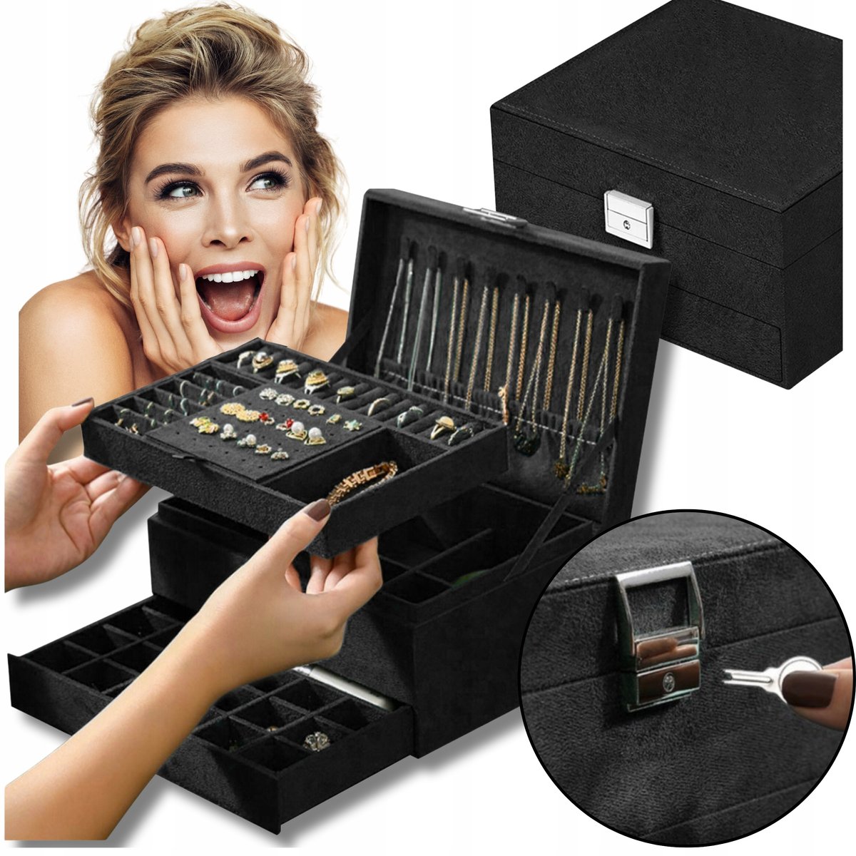 DUŻA SZKATUŁKA NA BIŻUTERIĘ KUFEREK NA KLUCZYK ORGANIZER PUDEŁKO ETUI BOX