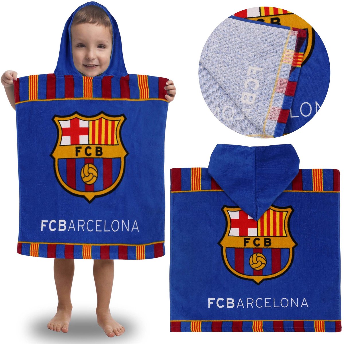 FC Barcelona Dziecięcy ręcznik na basen, SZYBKOSCHNĄCE poncho z kapturem dla chłopca, 100% BAWEŁNA 50x100 cm OEKO-TEX