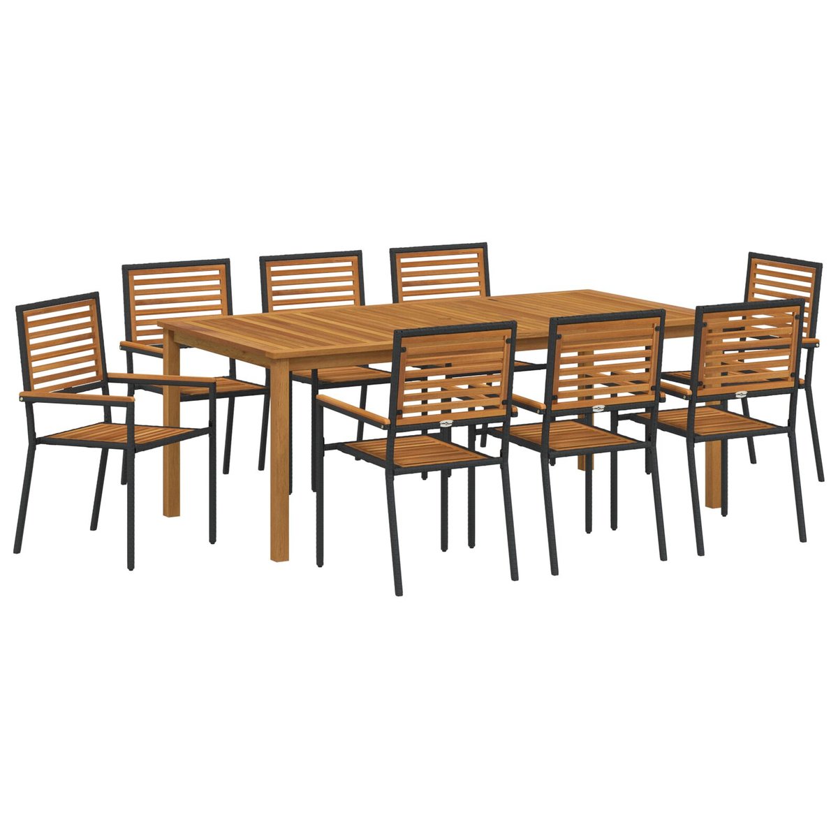 Zestaw jadalny vidaXL 9 elementów Czarny Poli Rattan Akacja, Krzesełka składane vidaXL w ogrodzie z poduszkami 2 szt. Czarny Poli Rattan