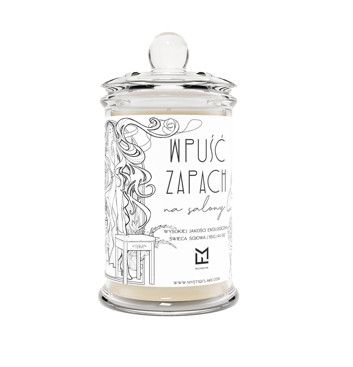 Mystiq Flare – WPUŚĆ ZAPACH NA SALONY Naturalna świeca sojowa z ilustracją secesyjną