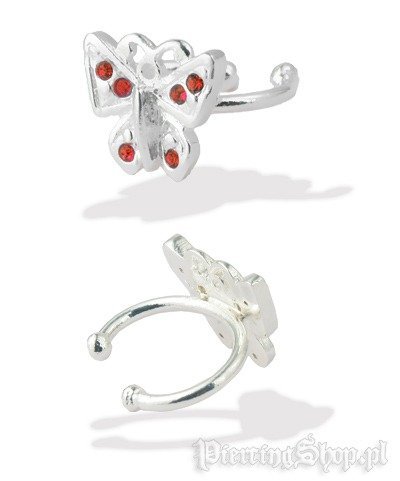 nausznica srebrna MOTYLEK 2szt. różne kolory oczek CZERWONY [EC1-11]