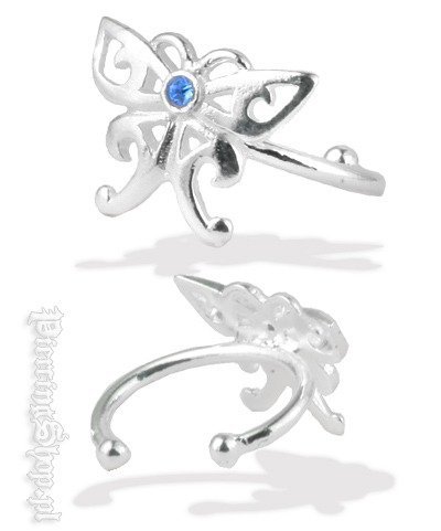 nausznica srebrna MOTYLEK 2szt. różne kolory oczek NIEBIESKI [EC1-10]