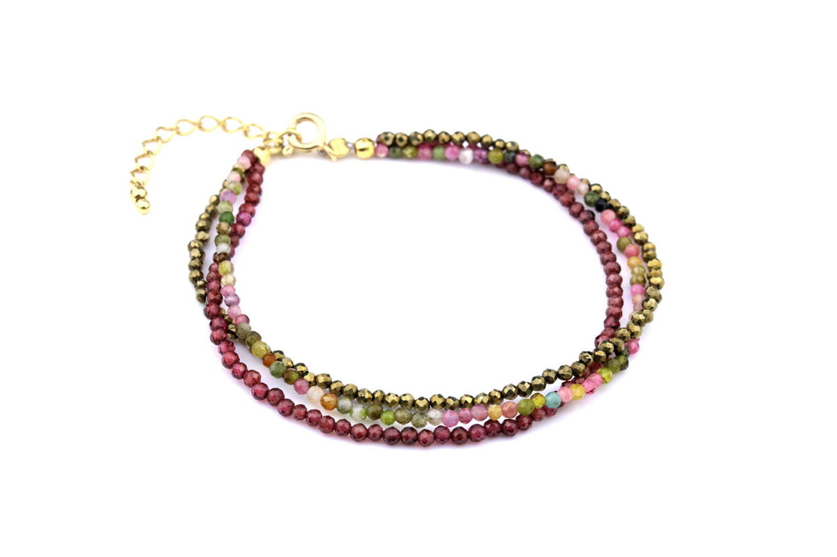 Bransoletka Potrójna Turmalin Kolorowy, Granat I Piryt