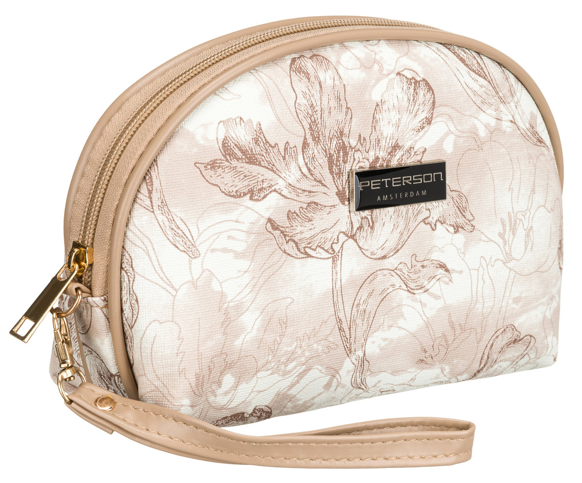 Mała kosmetyczka damska na suwak beżowa odpinany pasek na nadgarstek kwiatowy wzór organizer podróżny PETERSON