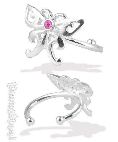 nausznica srebrna MOTYLEK 2szt. różne kolory oczek RÓŻOWY [EC1-10]