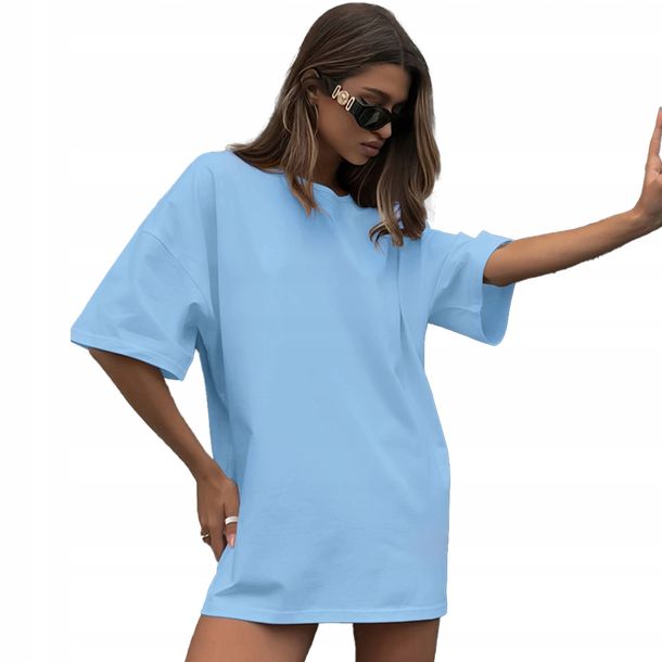 Koszulka Damska Oversize Długa T-shirt Błękitna Tunika Mini Sukienka S