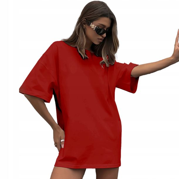 Koszulka Damska Oversize Długa T-shirt Czerwona Tunika Mini Sukienka L