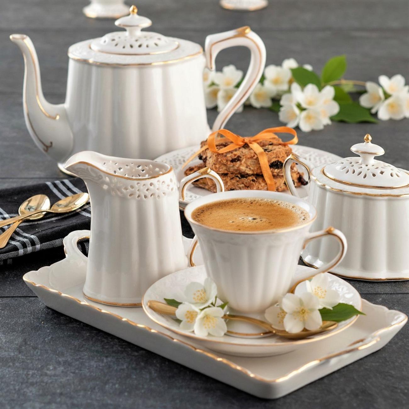 Serwis do kawy herbaty porcelanowy na 6 osób z dzbankiem CLARA Gold Ivory