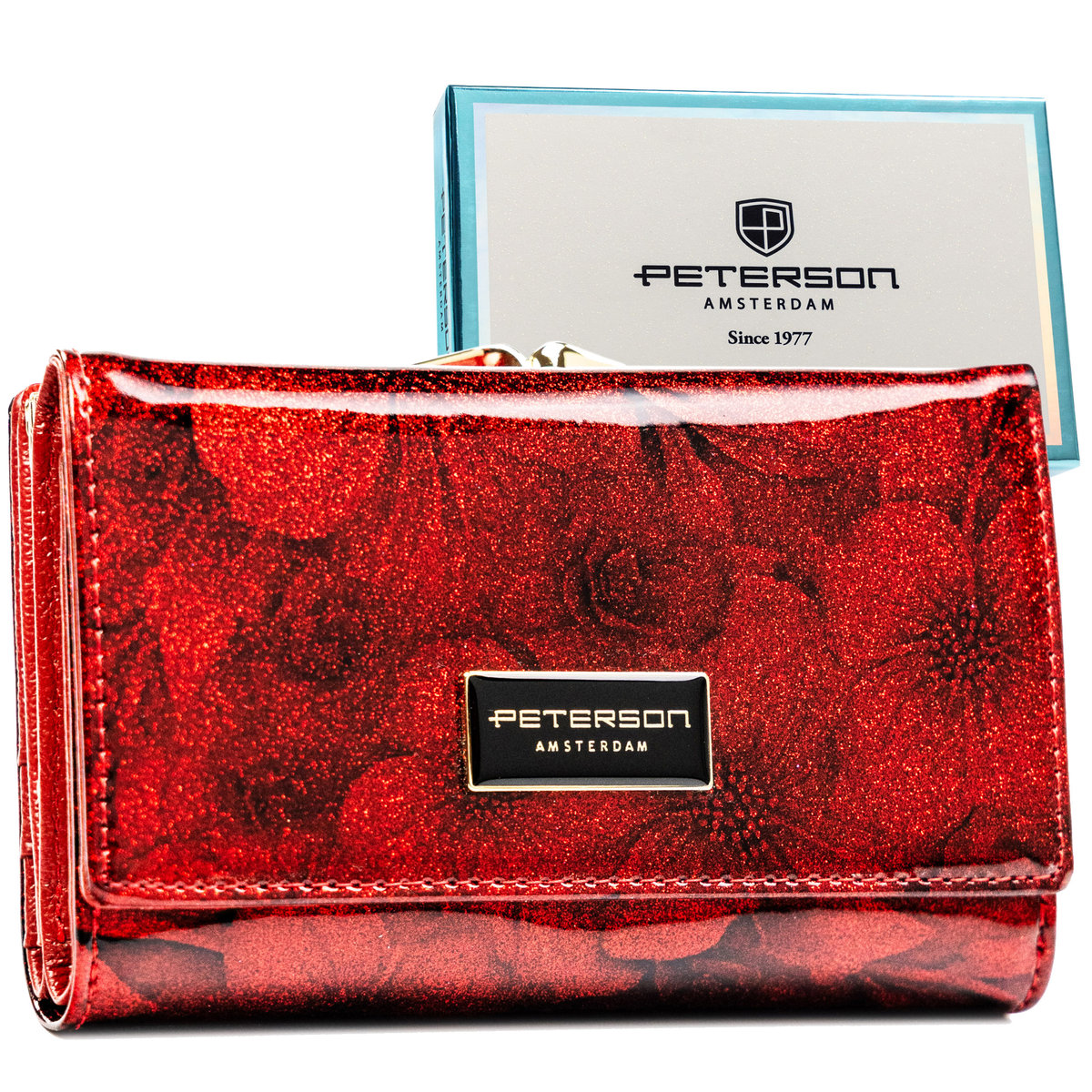 Portmonetka Na Zatrzask I Bigiel Średniej Wielkości Lakierowany Portfel Damski Z Kwiatowym Wzorem Peterson Skóra Naturalna I Ekologiczna Rozbudowany..