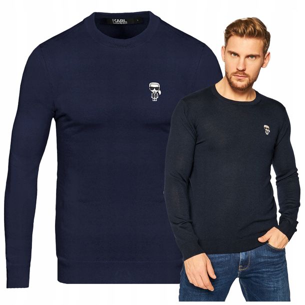 KARL LAGERFELD Sweter Męski Granatowy Gładki Okrągły Dekolt Klasyczny r. L
