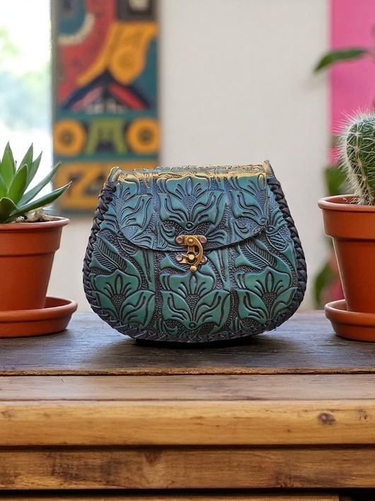 Torebka skórzana Julia ciemnozielona kwiaty ręcznie robiona