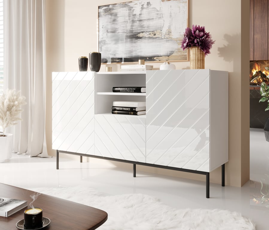 Cama Komoda ABETO na czarnym stelażu ze stali 150x42x90 biały/biały połysk