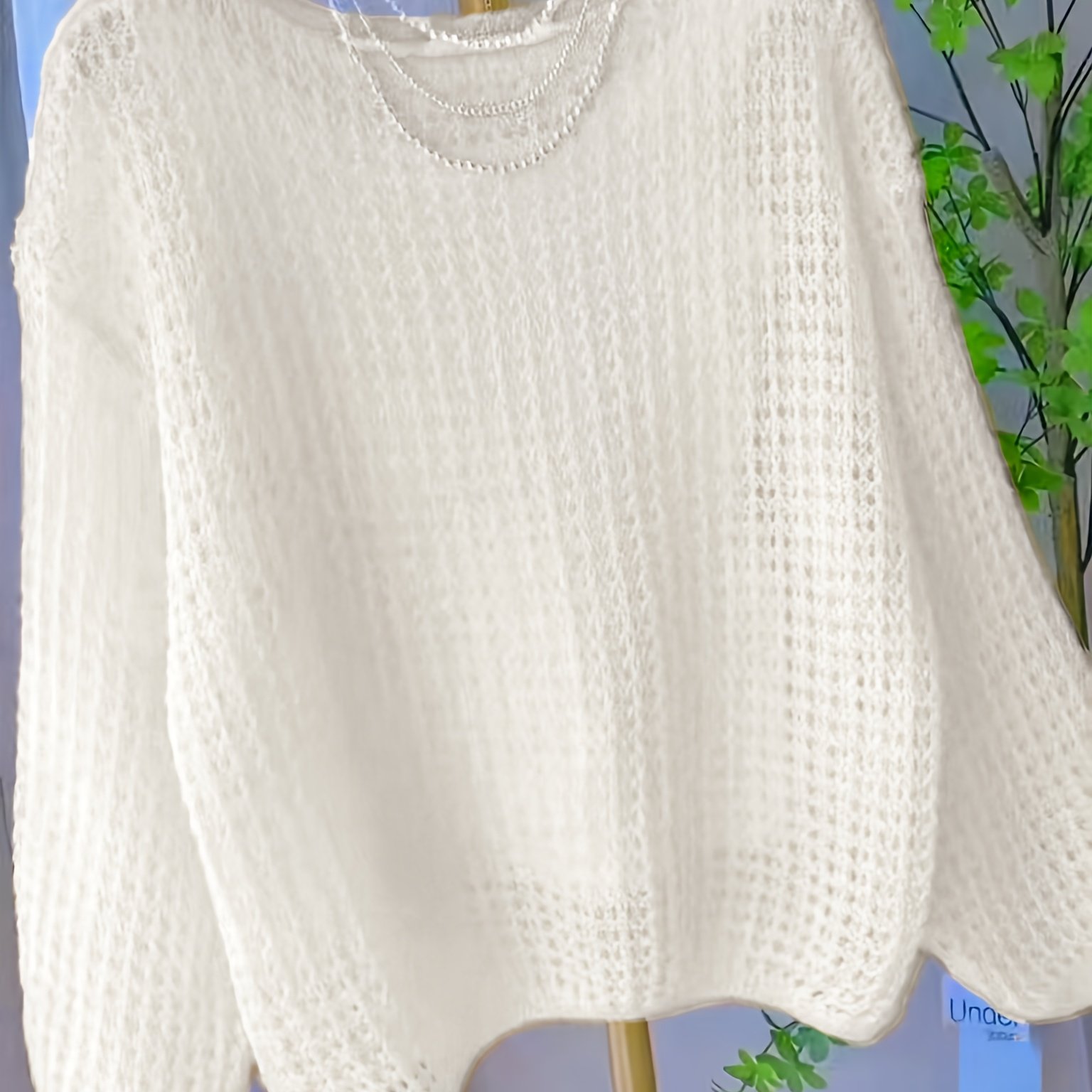 TEMU Damski Jasnożółty Sweter z Otwartymi Ramionami i Ażurowym Wzorem - Luźny Casualowy Pulower z Długim Rękawem i Okrągłym Dekoltem, Oddychająca