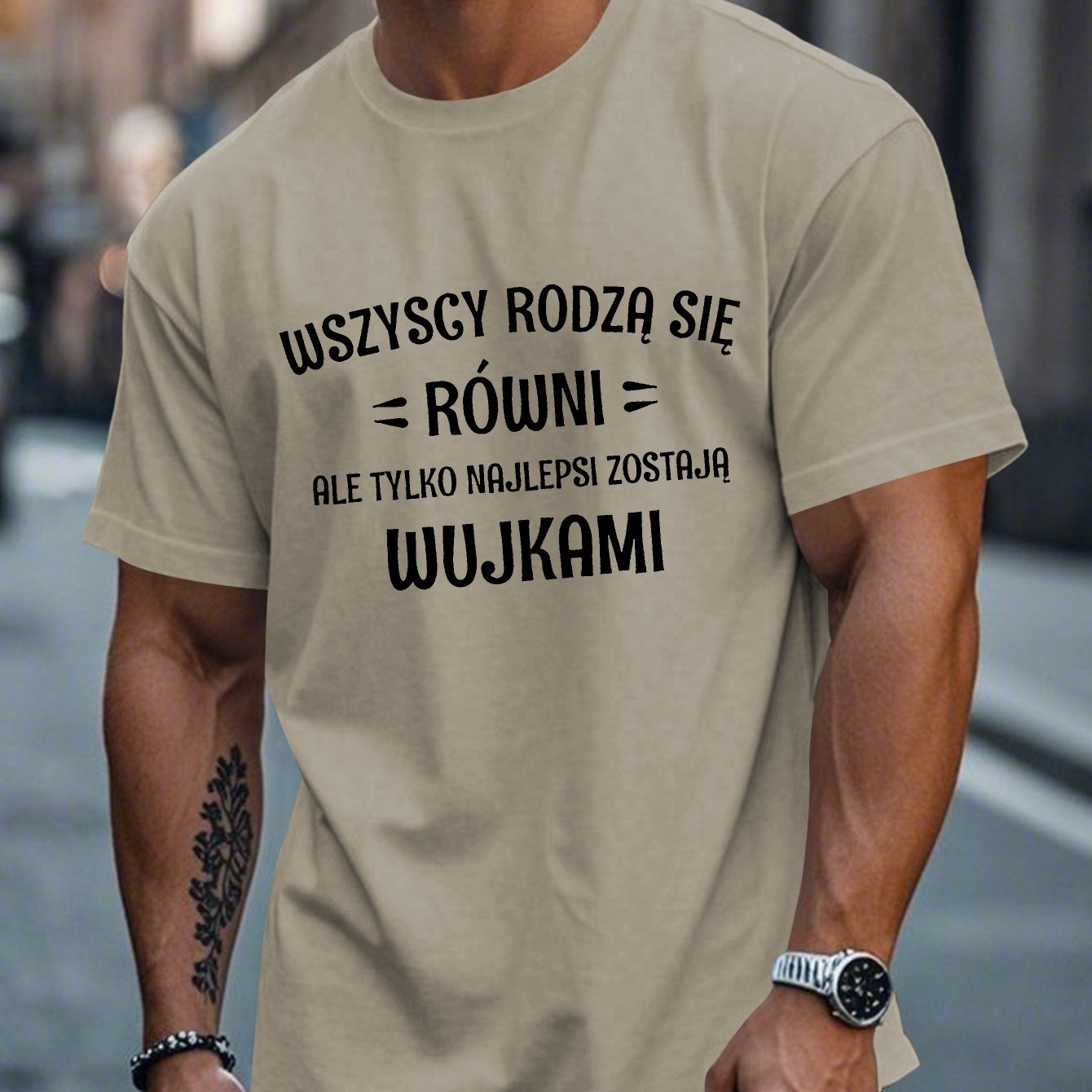 TEMU Polish Uncle Męska Koszulka z Krótkim Rękawem - Biała, Letnia, z Czarnym Geometrycznym Nadrukiem Tekstowym, Okrągły Dekolt, Pranie w Pralce,