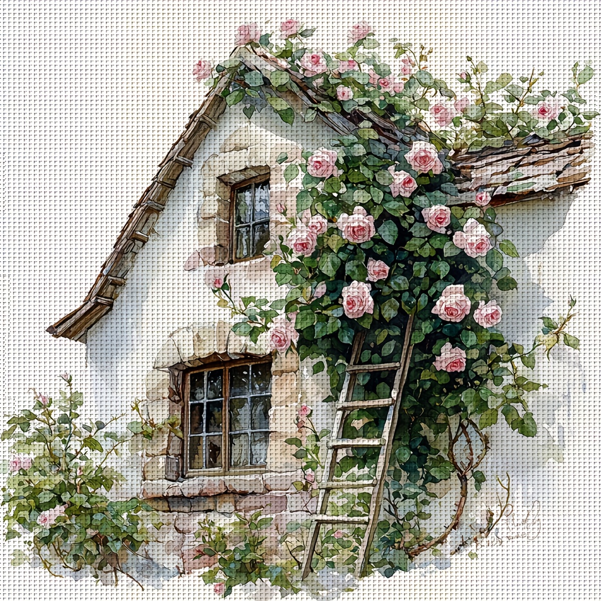 TEMU Zestaw do krzyżowania - 30x30cm/11.8x11.8in Bezramkowy dom i kwiatowy wzór z tkaniną i niciami Kompletny zestaw do krzyżowania do dekoracji domu