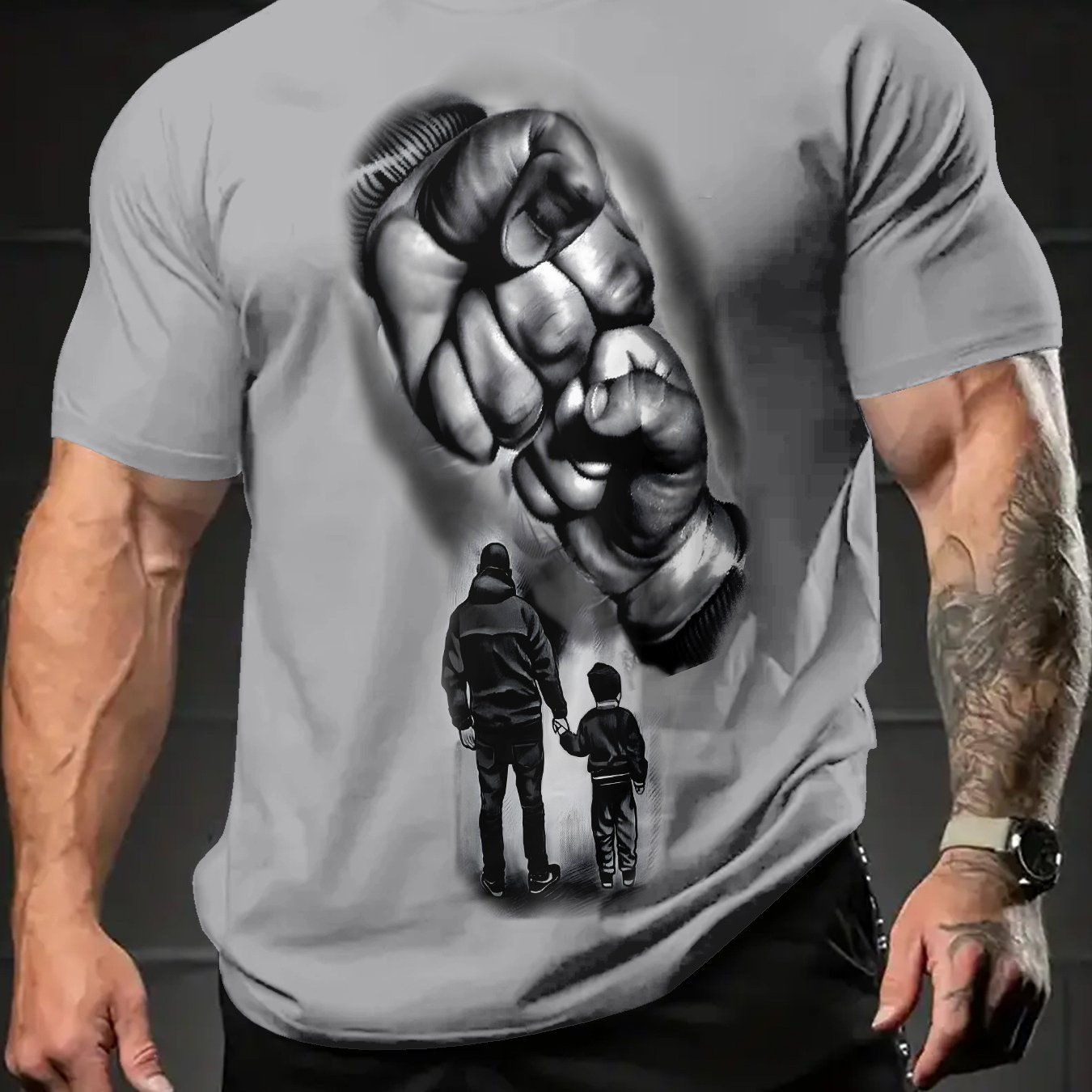 TEMU T-shirt z grafiką o miłości ojca - „ Hand” Design z młodzieżą, casualowy krótki rękaw, wygodny letni top, poliestrowa tkanina z dzianiny,
