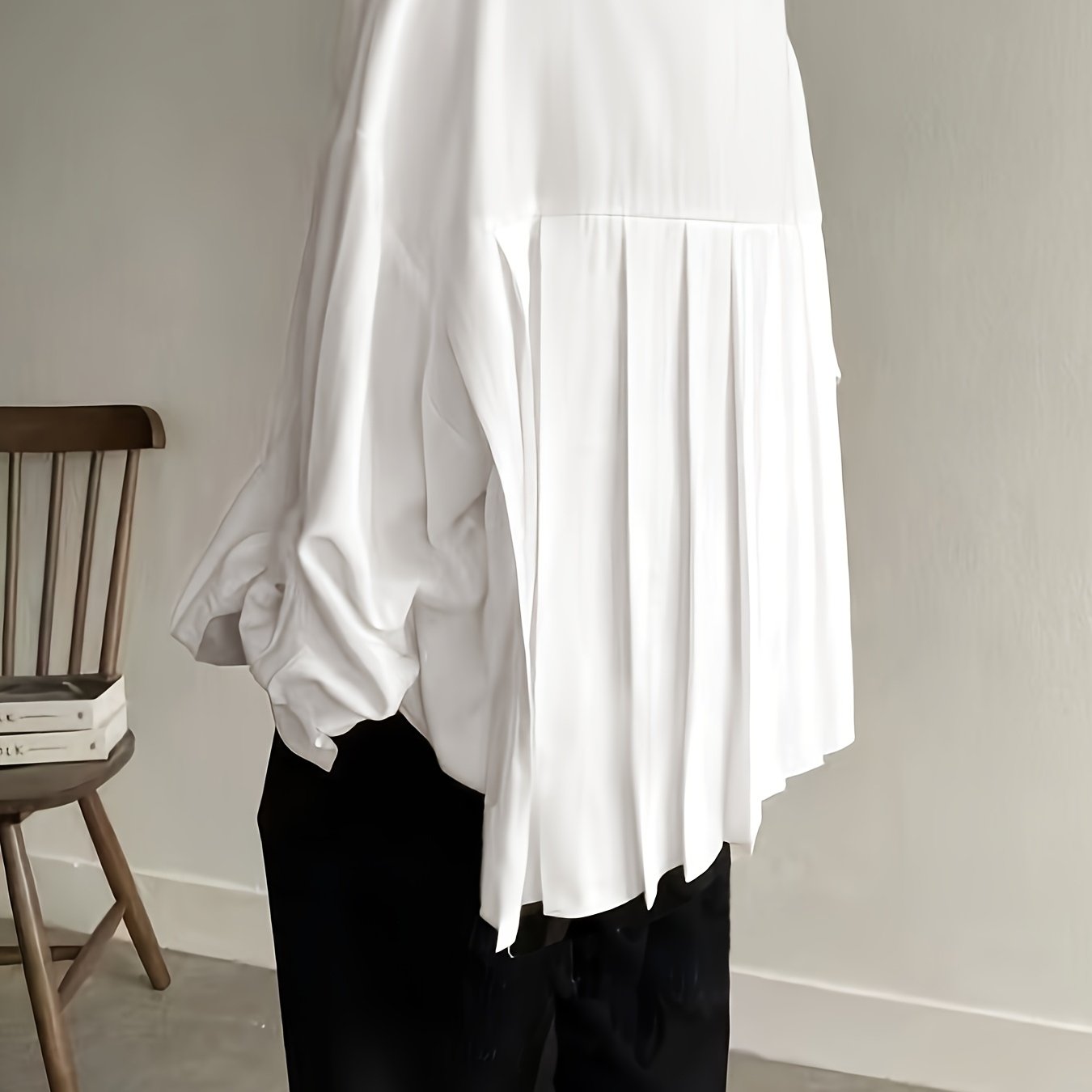 TEMU Modna koszula z długim rękawem w jednolitym kolorze z guzikami z przodu, casualowa bluzka z długim rękawem z plisami z tyłu, odzież damska.