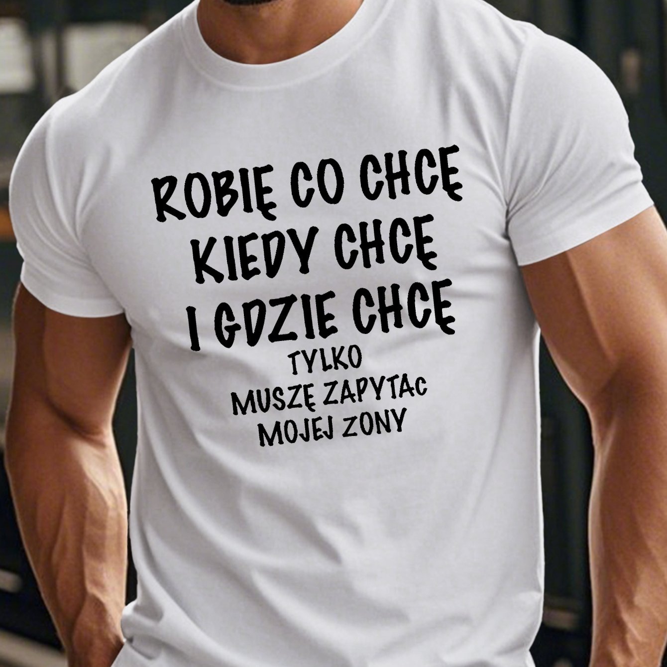 TEMU Koszulka Męska z Zabawnym Napisem w Języku Polskim - Lekki Poliestrowy T-shirt na z Geometrycznym Wzorem, Oliwkowo-Zielony, Okrągły Dekolt,