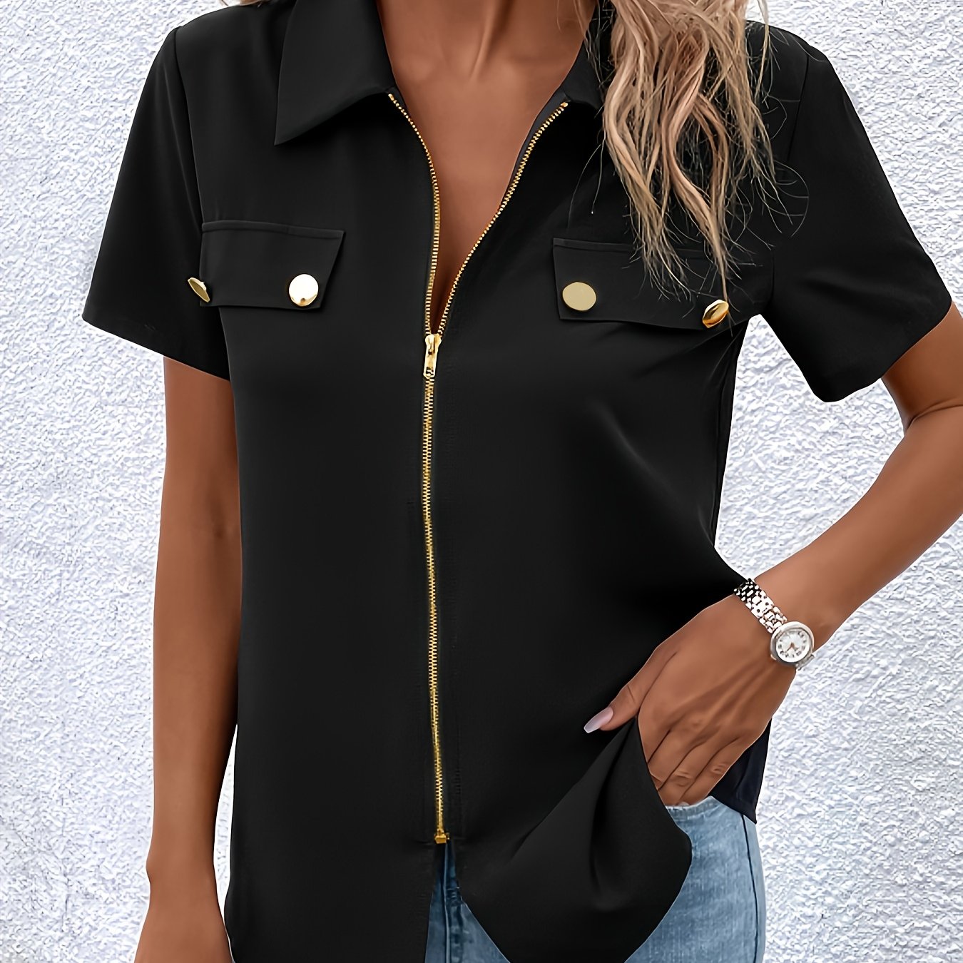 TEMU #D230107 Prosta Koszulka z Zamkiem w Jednolitym Kolorze, Modny Kołnierzyk z Krótkim Rękawem, Stylowa i Wygodna Bluzka, Minimalistyczny Krótki