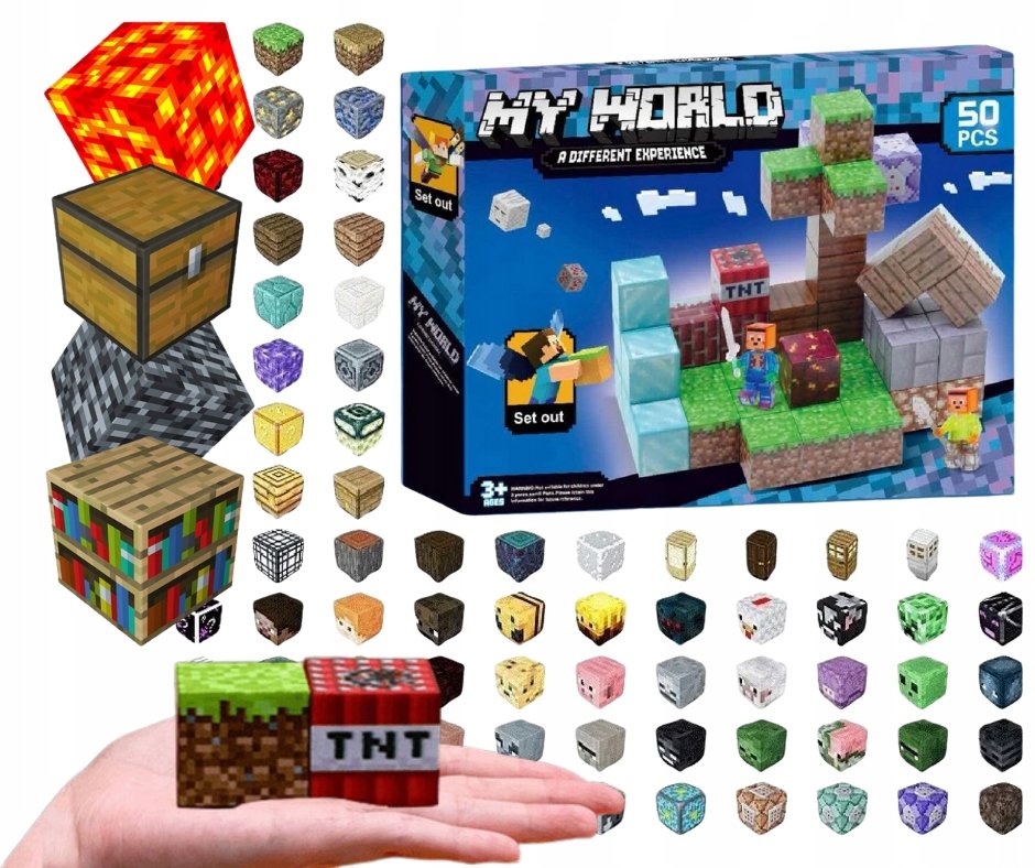 KLOCKI MAGNETYCZNE MINECRAFT My World KLOCKI SZEŚCIANY 50el + 2 Figurki
