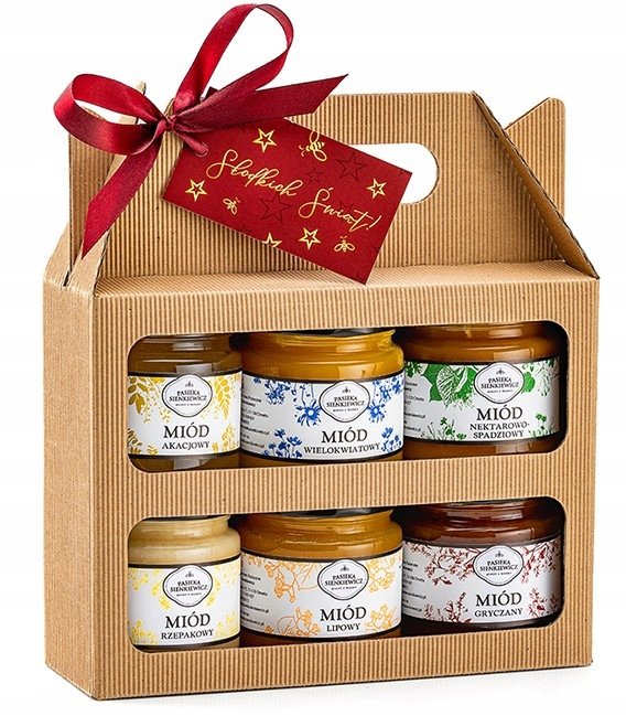 ZESTAW MIODÓW TRADYCYJNYCH W KARTONIKU NA PREZENT 6x250G
