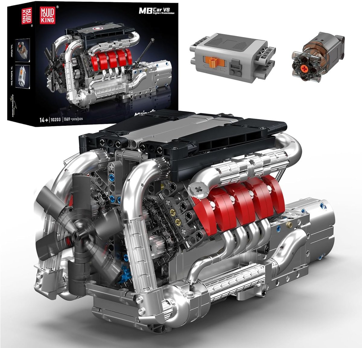 KLOCKI MOULD KING 10203 SILNIK MERCEDES-BENZ V8 ENGINE + SKRZYNIA 1169 EL.