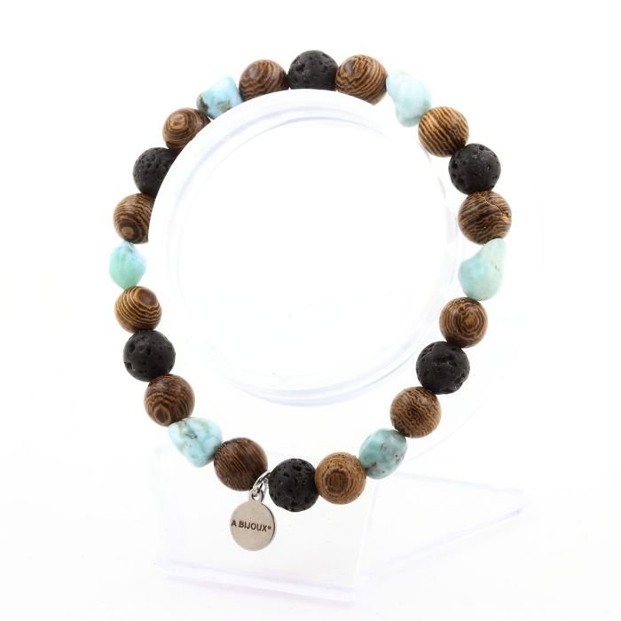Bransoletka - A Bijoux - Larimar - Perły Lawa - Drewno - 19-20 cm