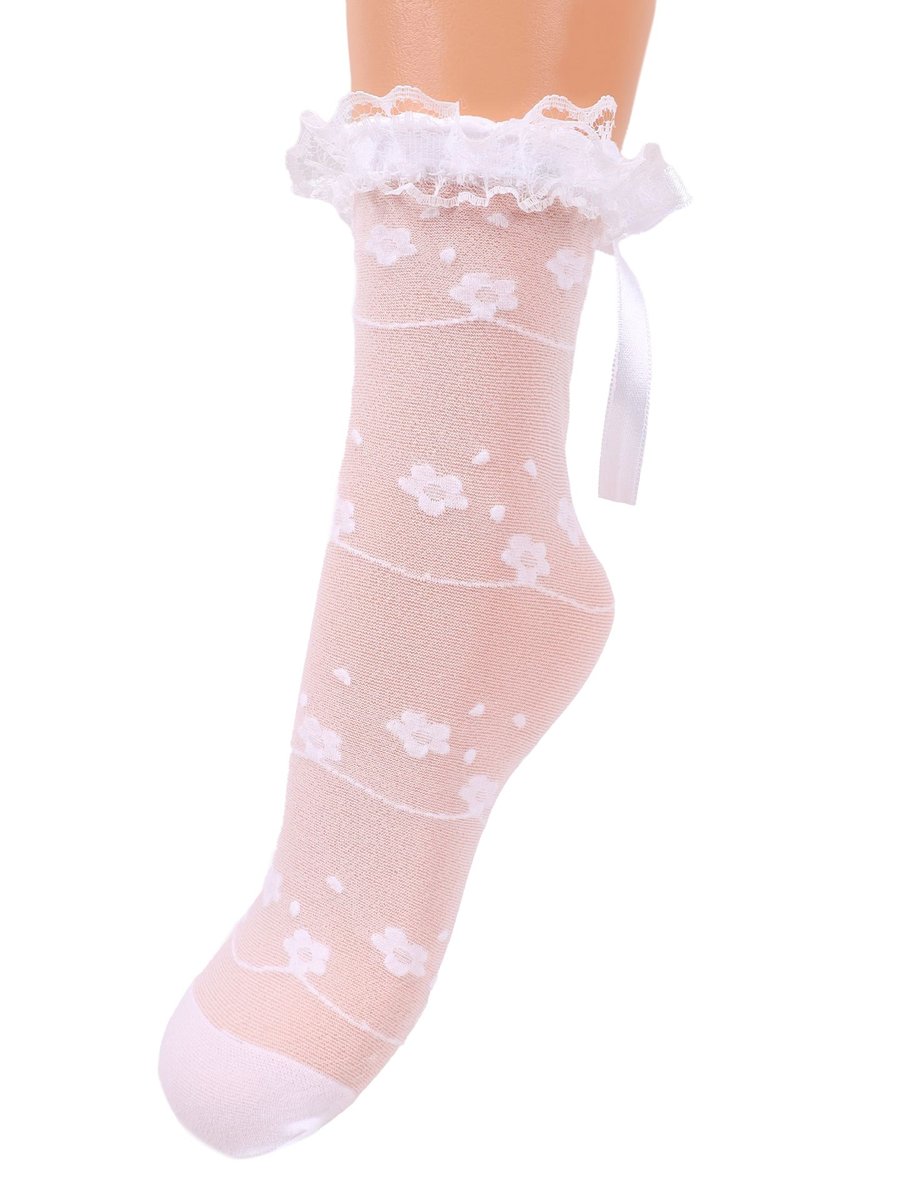 Skarpety dziewczęce rajstopowe w kwiatki z falbanką i kokardką białe 27-30 YOCLUB