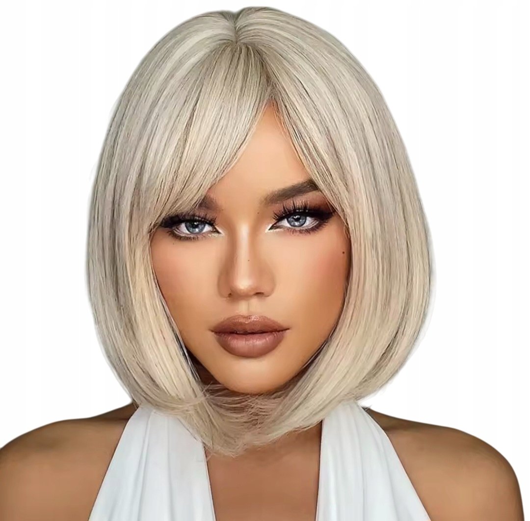 Peruka damska biały blond bob z grzywką włosy jak naturalne peruki damskie