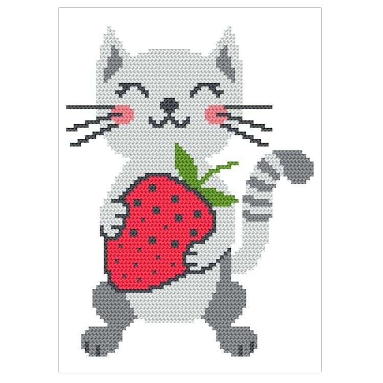 Haft krzyżykowy - Zestaw do haftu - Kotek z truskawką