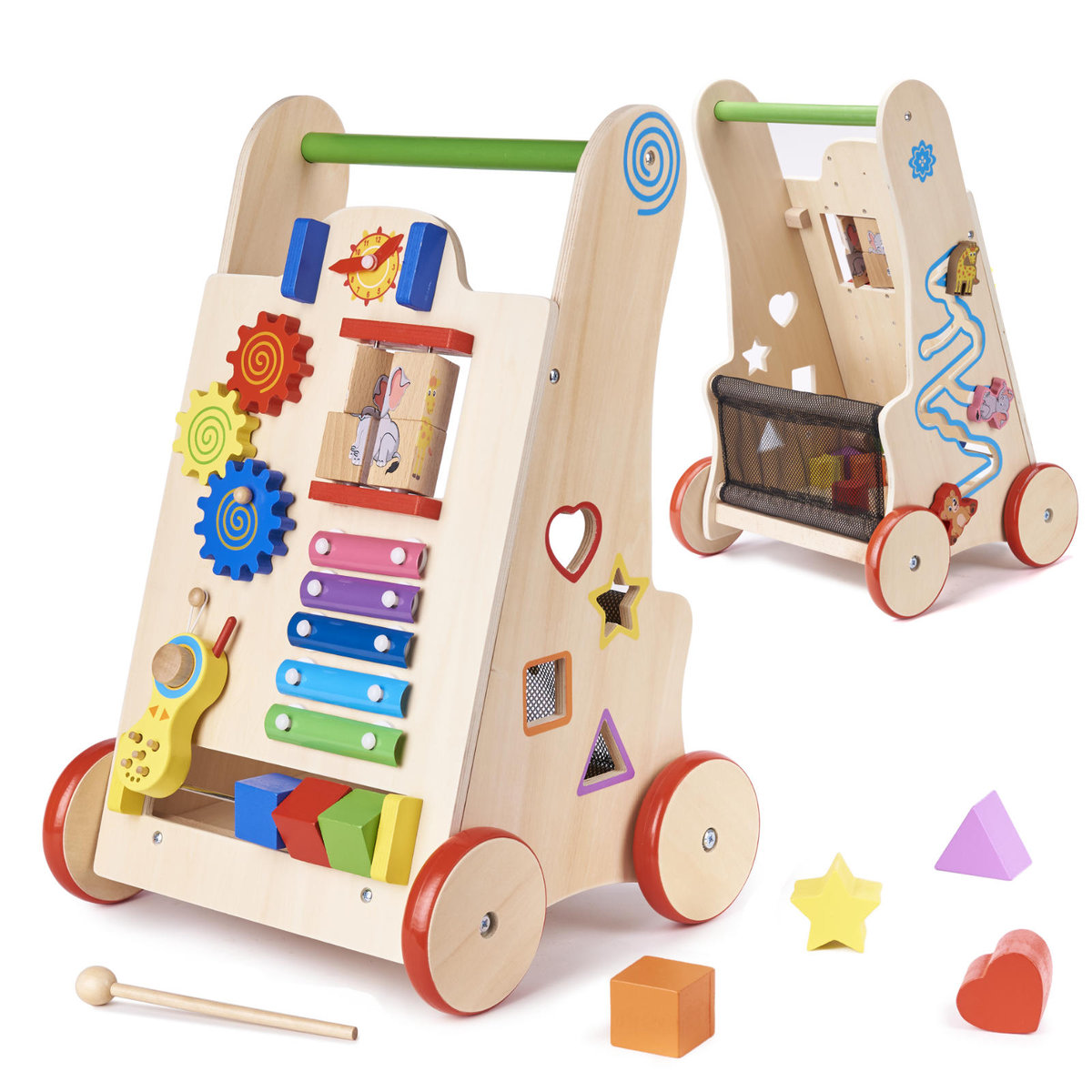 Drewniany Chodzik Pchacz Edukacyjny Tablica Manipulacyjna dla Dzieci 6w1