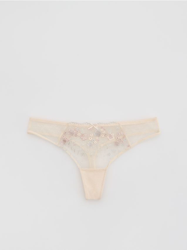 Reserved - Siateczkowe majtki stringi z haftem - pastelowy róż