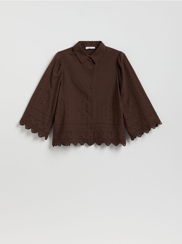 Reserved - Koszula z ażurowym wzorem - ciemnobrązowy