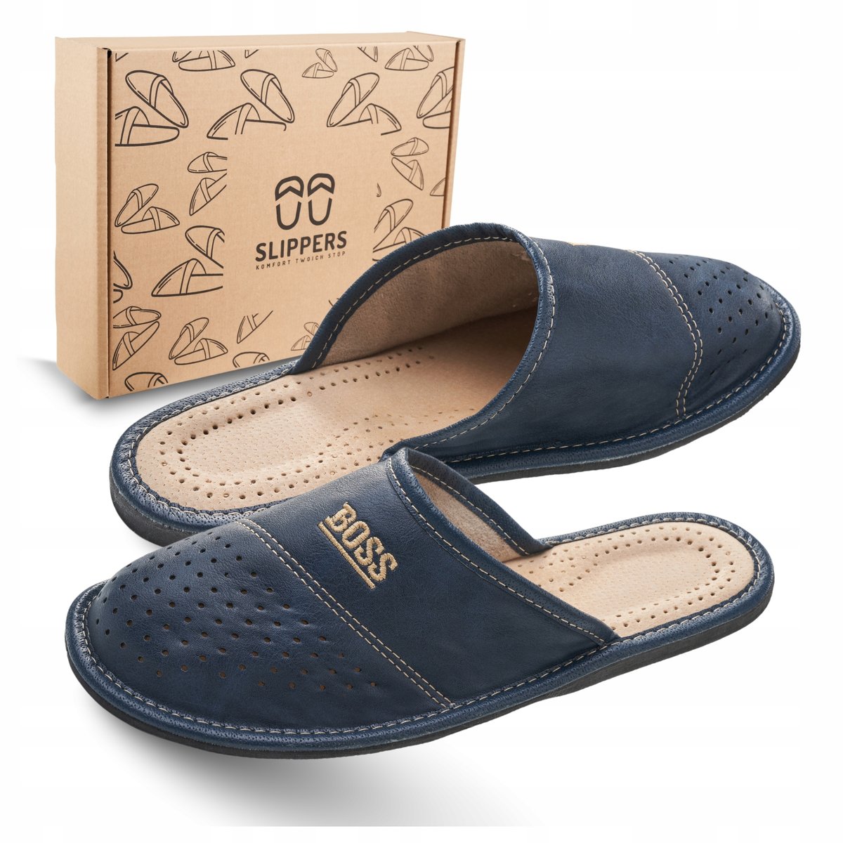 BOSS Pantofle Męskie Skórzane Domowe Komfortowe Wygodne i Trwałe r. 46