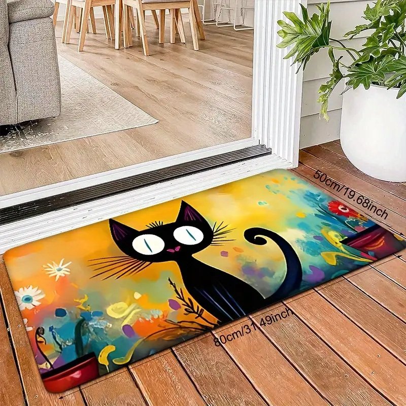 Dywanik łazienkowy czarny kot śmieszny wesoły 50x80 cm kolorowy kwiaty