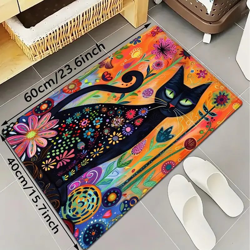 Dywanik łazienkowy czarny kot 60x40 cm kolorowy kwiaty prezent dla kociary