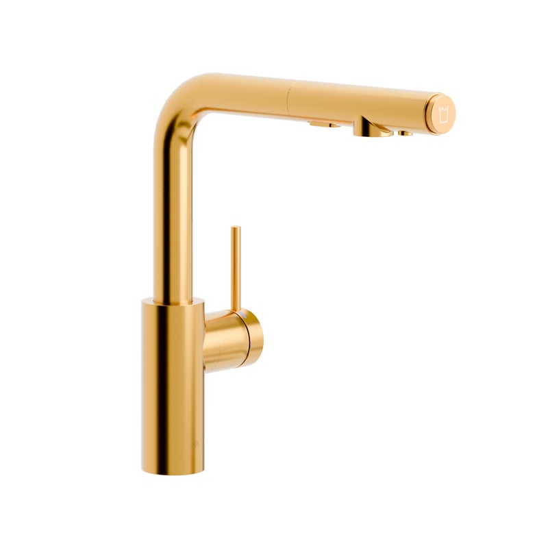 Bateria kuchenna Flick z wyciąganą wylewką i filtrem B Pure złota KFA Armatura