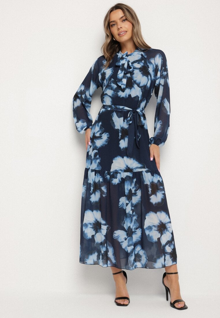 Granatowa Pudełkowa Sukienka w Kwiaty z Paskiem Nifle