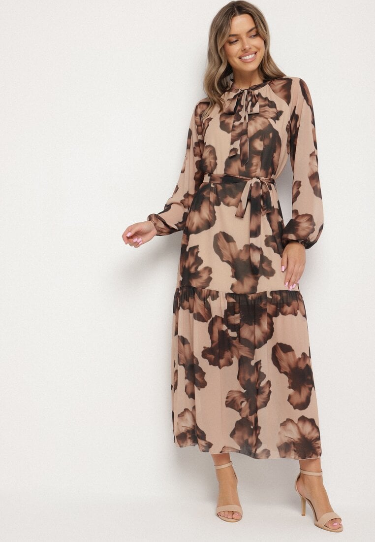 Ciemnobeżowa Pudełkowa Sukienka w Kwiaty z Paskiem Nifle